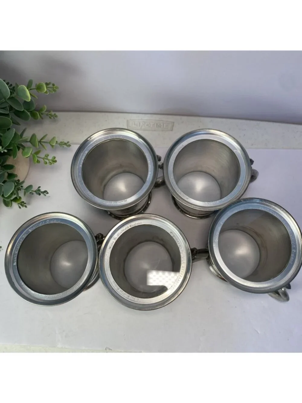 Set Of 5 Vintage Sheffield English Pewter Glass Bottom Tankard Mugs Monogrammed